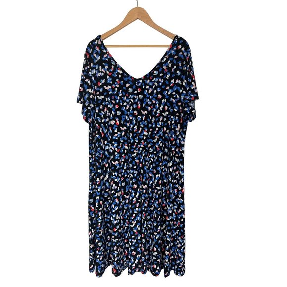 Size 22/24 3X MULTI-COLOR ABSTRACT V-NECK MIDI SWING DRESS Summer Wedding PLUS - Picture 4 of 5